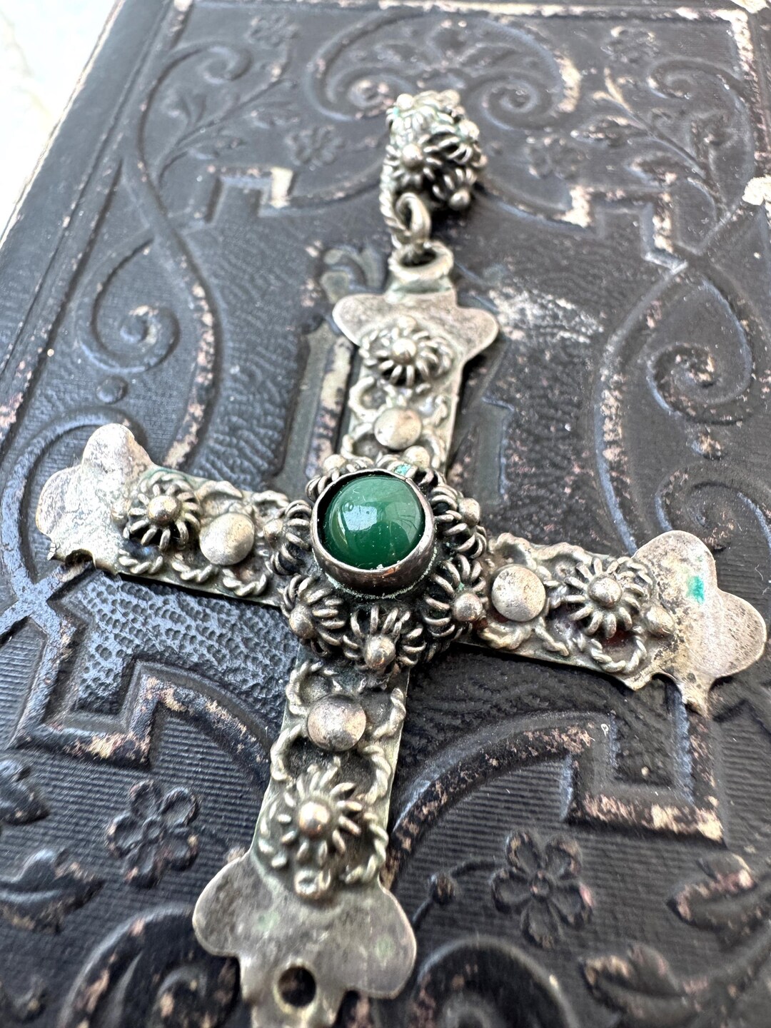 Antique Sterling Silver Cross Pendant With Green Stone | Ornate Floral ...