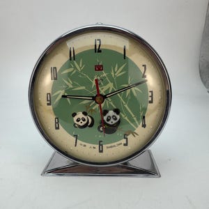 Vintage Mid-Century Shanghai China Mechanical Alarm Clock with Panda Scene