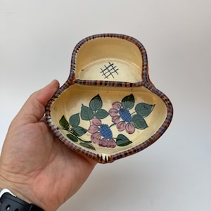 Vintage Hand Painted Divided Ceramic Dish – Floral Trinket Tray – Rustic Pottery Candy Dish