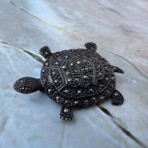 Sterling Silver Turtle Brooch | Marcasite Stone Animal Jewelry | Vintage 925 Mid-Century
