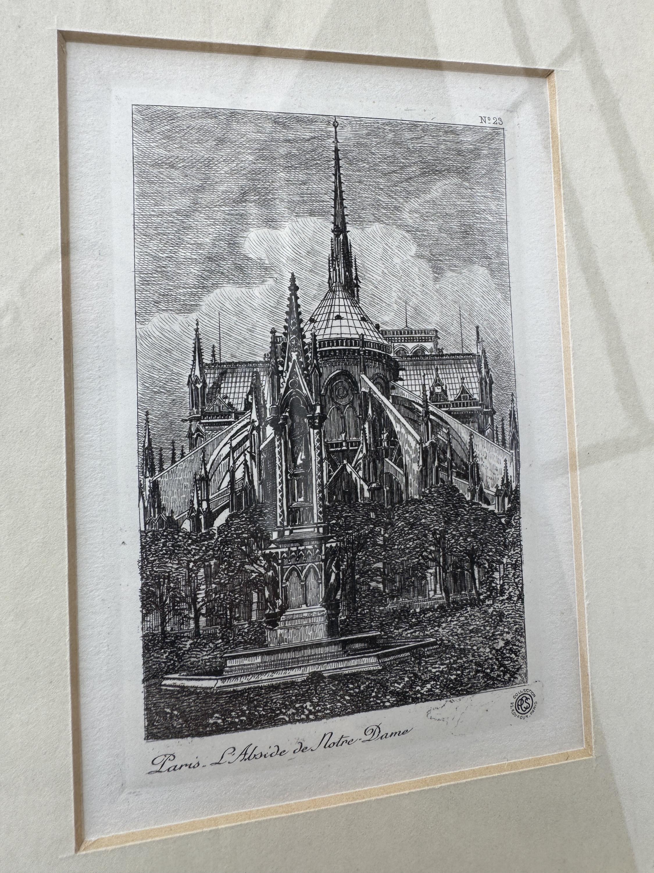 パリのノートルダム大聖堂のエッチング – ヴィンテージのフランス建築