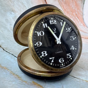 Vintage Mechanical Travel Alarm Clock – JAI, Germany, 1950s – Works, Wind-Up, Folding Case.