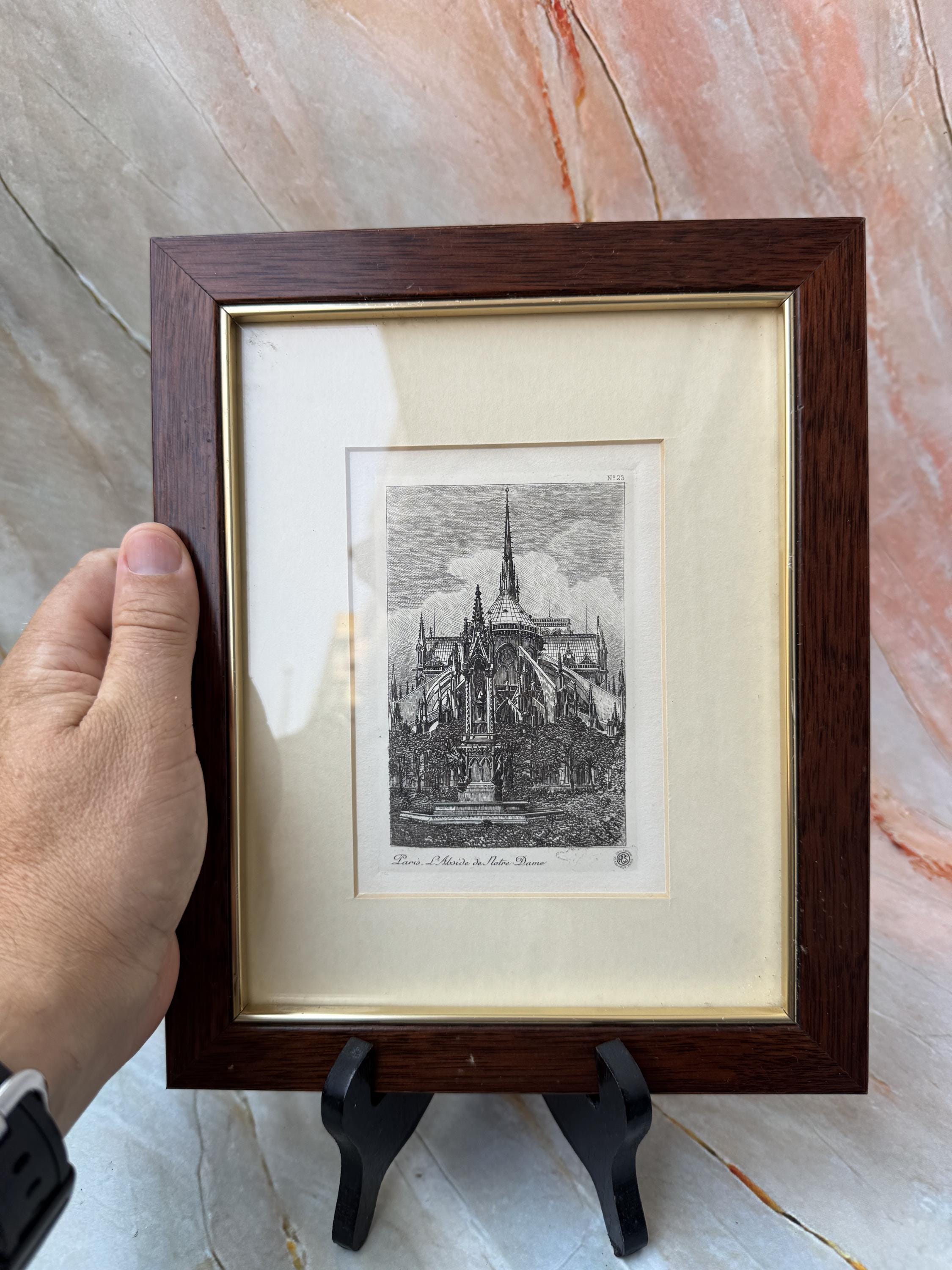 パリのノートルダム大聖堂のエッチング – ヴィンテージのフランス建築