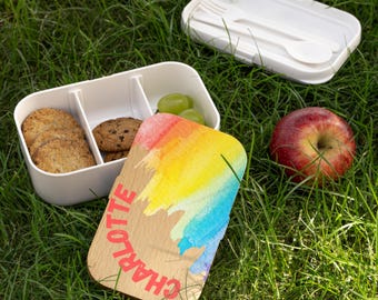 Personalized Charlotte Lunch Box, Rainbow Watercolor Bento Box Wood Look, Snack Container Girls School Gift