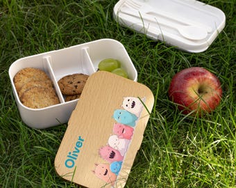 Monster & Ghost Bento Lunch Box: Wooden Lid, Silicone, Includes Cutlery