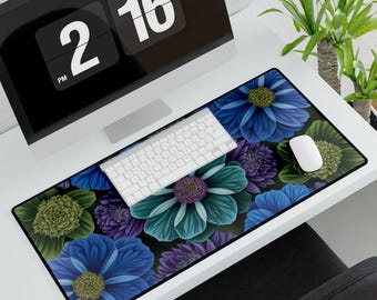 Dark Floral Desk Mat, Purple Flower Pattern, Aesthetic Mousepad XXL, Dark Academia Decor, Botanical Desktop Pad, Gothic Style