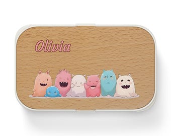 Personalized Name Lunch Box, Cute Colorful Monster Bento Box Wood Look, Snack Container Kindergarten School