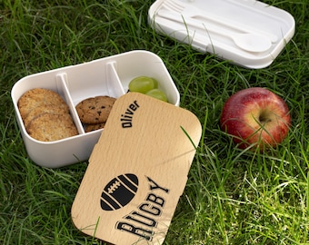 Personalized Rugby Bento Box for Kids with Name, Custom Boys Lunch Box with Wooden Lid, Sports Theme School Gift, Engraved Bento Box, Named