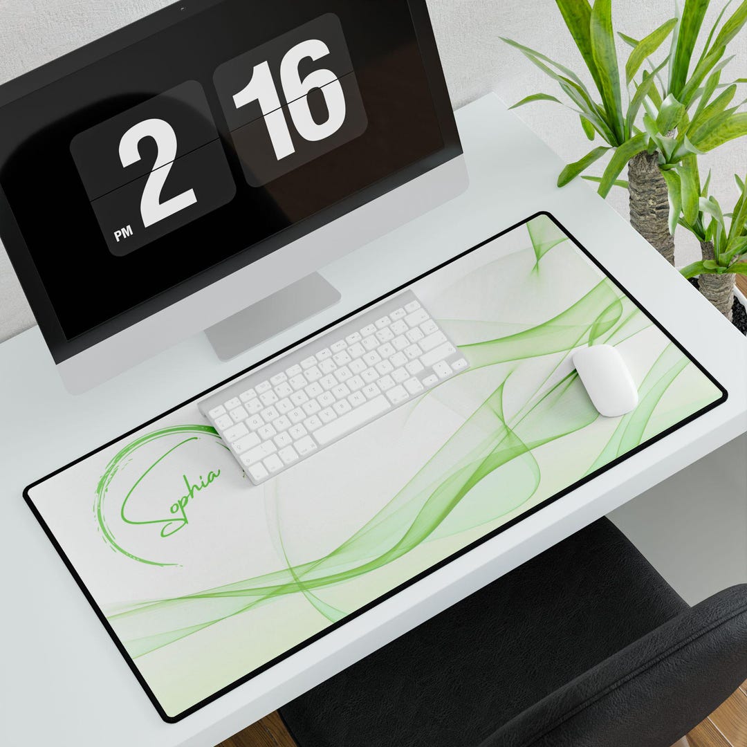 Personalized Desk Mat, Aesthetic Green Wave, Custom Name Mousepad ...