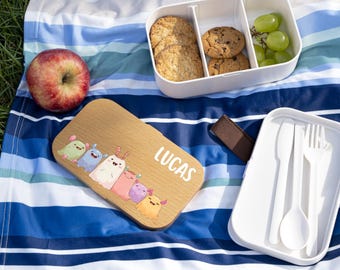 Monster & Ghost Bento Lunch Box: Wooden Lid, Silicone, Includes Cutlery