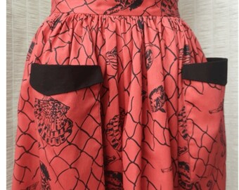 50s skirt cotton Fisherman net RED size M rockabilly 1950 style big pockets fishes starfish