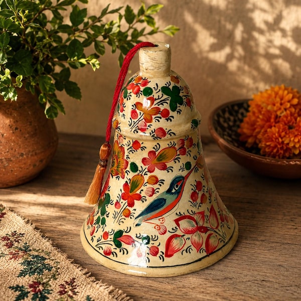 Vintage Small Decorative Bell: Kashmiri Paper Mache, Floral Bird Folk Art Hanging Bell, Boho Decor, 360-Degree Hand Painted, 3.25" Tall