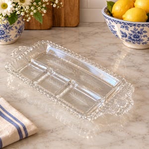 Vintage Etched Glass Relish Tray: 4-Part Divided, Rectangular Clear Serving Dish with Scalloped Loop Handles, Engraved Leaf Pattern Accent