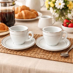 Vintage Casa Elite Demitasse Cup & Saucer Set: White Porcelain, Silver Accent, Espresso Cups Coffee Bar Decor