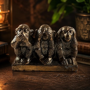 May include: Bronze-colored sculpture depicting the three wise monkeys: See no evil, hear no evil, speak no evil. The monkeys are seated on a rectangular base. The sculpture has a textured finish and is displayed on a wooden surface.