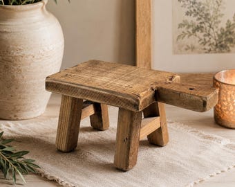 Vintage Distressed Mini Wooden Stool Riser, Rustic Farmhouse Pedestal, Primitive Milking Stool Style, Rugged Cheeseboard Display Stand