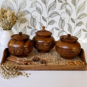 Set of 3 Lidded Wooden Bowls Carved Monkey-pod: Vintage Rustic Kitchen Decor