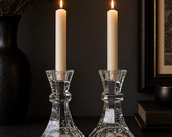 Set of 2 Vintage Towle Lead Crystal Candlestick Holders, Made in Austria, Taper Candle Dinner Table Decor, Elegant Art Deco Style