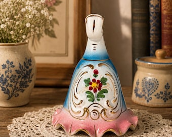 Vintage Italian Ceramic Bell, Hand Painted Scalloped Floral Blue Pink Gold 4.5" Tall, Mid-Century Italian Art Pottery Table Bell