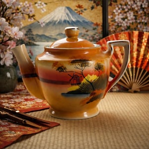 May include: A ceramic teapot with a landscape design featuring a windmill, trees, and a sunset. The teapot is primarily orange with a gold-colored lid and handle. Chopsticks and a decorative fan are in the background.
