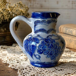 Vintage Betschdorf France Salt Glazed Stoneware Pitcher, Signed Remmy Fils Blue and Gray Cobalt Pottery Jug, Alsatian Folk Art Ceramique