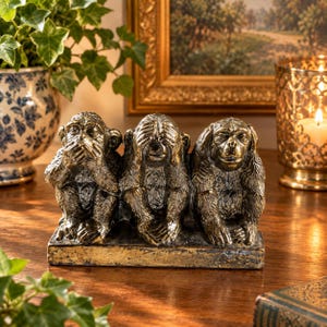 May include: A bronze-toned sculpture featuring three monkeys sitting side-by-side on a rectangular base. The first monkey covers its mouth, the second covers its eyes, and the third covers its ears, representing the three wise monkeys concept.