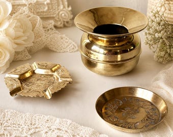 Eclectic Mix Vintage Brassware: Spittoon Cuspidor, Engraved Flower Ashtray and Leaf Pattern Coaster, Mismatched Made in India Set Boho Decor