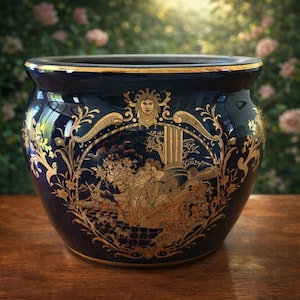 Small Vase Limoges Marked, Beautiful Cobalt Blue & Gold Gilded Hand Painted Renaissance Design, Planter Vase For Succulents Bamboo Herbs