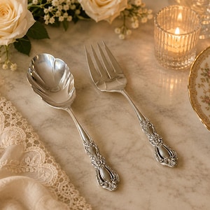 Vintage Silverplate Serving Set: 1847 Rogers Bros HERITAGE, Ornate Shell Bowl Casserole Spoon & Cold Meat Serving Fork, Mid-Century 1953