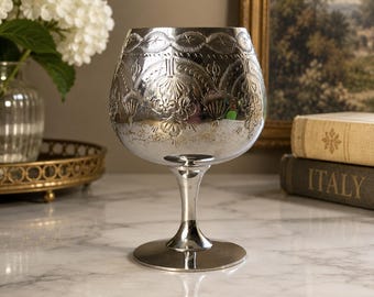 Vintage Silver Plated Chalice Wine Goblet, Etched Floral Motif Ornate Snifter, Mid Century Hollywood Regency Decor, Eclectic Home 5” Tall