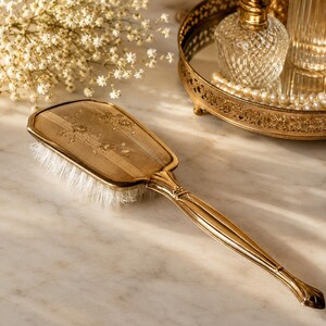 Vintage Gold Tone Guilloche Enamel Floral Vanity Hair Brush Art Deco Dresser Antique French Guilloche Enamel Vanity Brush: Floral  main image 3