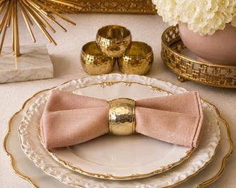 Vintage Hammered Brass Napkin Rings Set of 4: Mid Century Boho Chic Gold Metal Serviette Holders, Hollywood Regency Holiday Table Decor