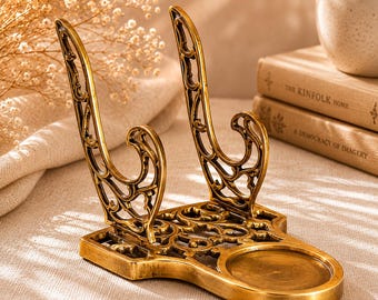 Vintage Brass Cup & Saucer Display Stand, Made in Taiwan ROC, Art Nouveau Filigree Letter Holder, Dismantles for Storage, Brass Desk Inkwell