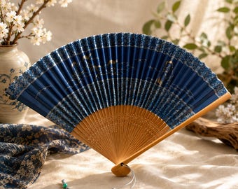 Vintage Kyosendo Kyoto Folding Fan with Box & History, Authentic Japanese Sensu Dance Fan, Blue Gold Washi Paper Decorative Hand Fan Gift