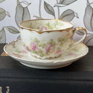 Antique Limoges Teacup Saucer Haviland & Co Floral Hand Painted Design Gold Rim Craftmanship Collectible Rare Exquisite Porcelain France