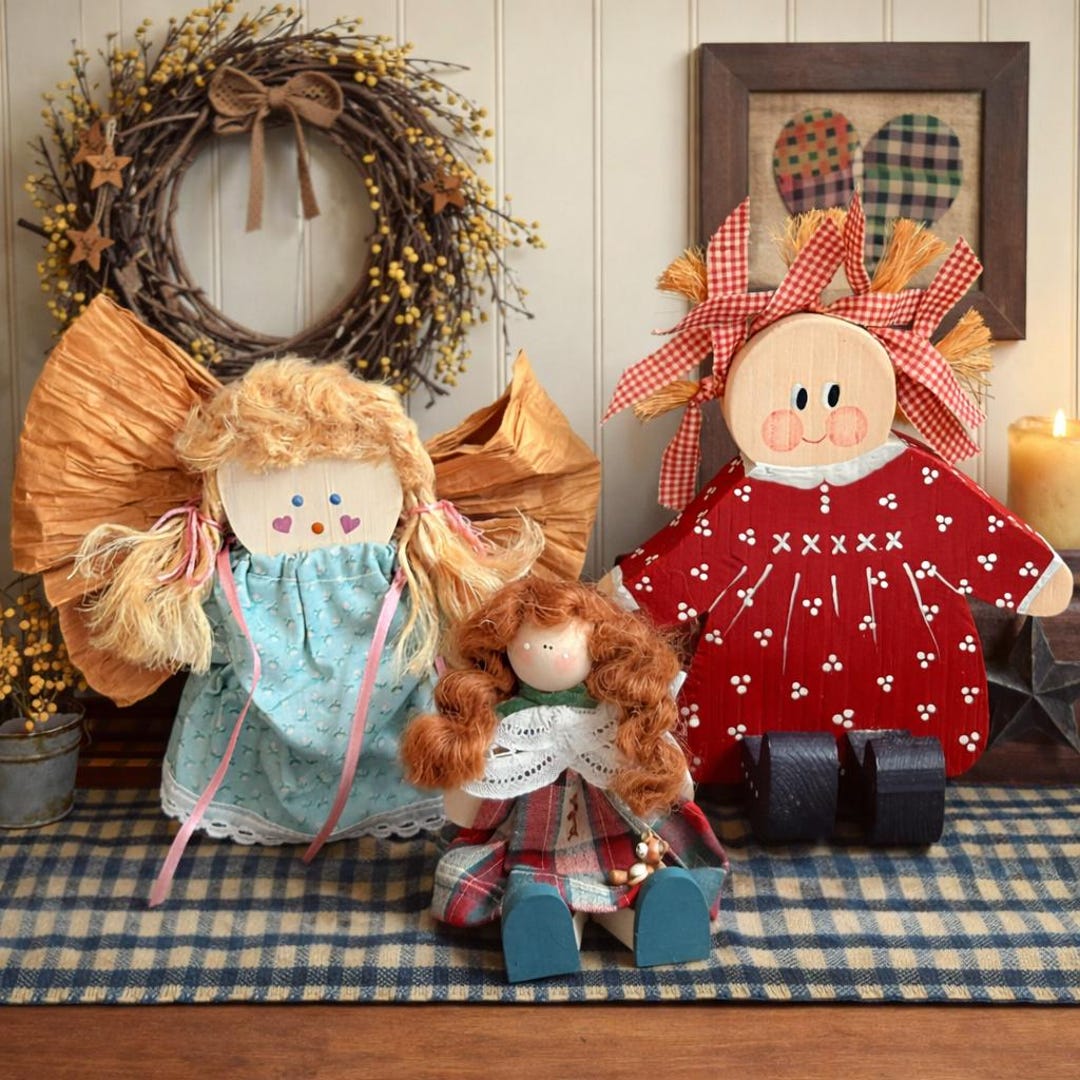 Set of 3 Vintage Primitive Wooden Dolls | Country Farmhouse Folk Art ...
