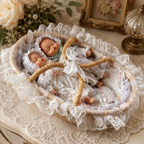 Vintage Porcelain Sleeping Twin Baby Dolls in Wicker Bassinet