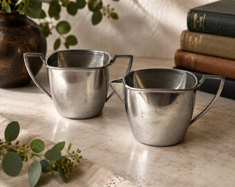 Vintage Mid-Century Modern Genuine Pewter Creamer & Sugar Bowl Set, Gio Ponti Style, Architectural Handles, Industrial Coffee Bar Decor