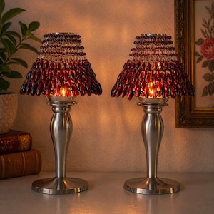 Set of 2 Pottery Barn Brushed Nickel Tealight Lamps with Ruby Red Beaded Shades, Vintage Boho Chic Decor, Mantel Centerpiece Crimson Accent