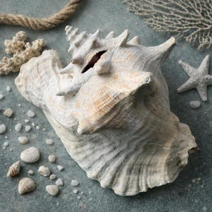 May include: A large, textured conch shell with a cream and tan color scheme. The shell is surrounded by small white pebbles, a starfish, and pieces of coral, evoking a beach theme. A length of rope is also visible.