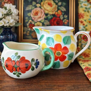 Set of 2 Small Pitchers, Mismatched Mini Creamer Curated Collection, Vintage Eclectic Czechoslovakia Pottery Jugs, Whimsical Floral Design