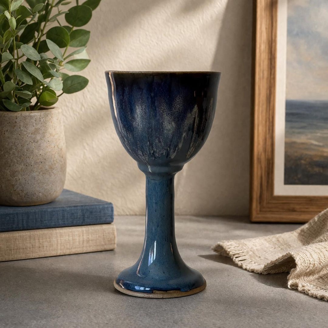 Vintage Studio Art Pottery Goblet: Cobalt Blue Drip Glaze Stoneware ...