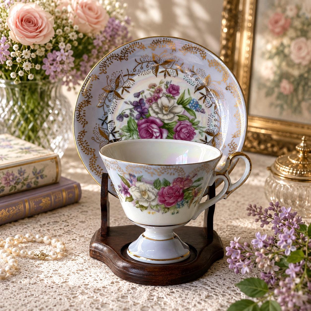 Vintage Porcelain Footed Teacup & Saucer Set: Norcrest Japan C-249