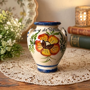 Vintage Hand Painted Ceramic Mini Vase: 4" Tall Terracota Bud Vase with Handles, Folk Art Pottery Made in Portugal, Orange & Yellow Floral