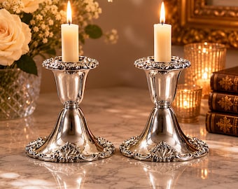 Set of 2 Vintage Godinger Silver Plated Candlestick Holders, Ornate Baroque Trumpet Style, Heavy Weighted Taper Holders Elegant Table Decor