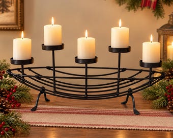 Vintage Metal Boat Candelabra Centerpiece: Fillable 5 Pillar Candle Holder, Dark Wrought Iron Style Wire Boat Canopy, 23" Long Table Decor