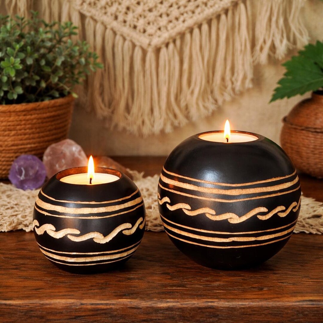Set of 2 Tea Light Spherical Candle Holder, Hand Carved Mango Wood ...
