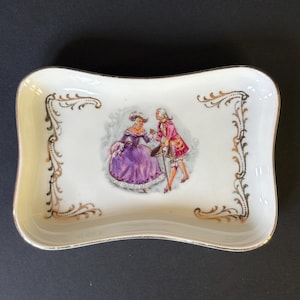 Vintage French Porcelain Limoges Trinket Dish Pin Tray Miniature Ashtray Dresser Vanity Coffee Table Decor Romantic Fragonard Style France