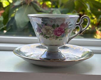 Vintage Porcelain Footed Teacup & Saucer Set: Norcrest Japan C-249