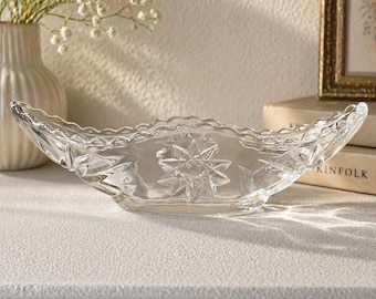 Vintage Anchor Hocking Star of David Gondola Dish, Early American Prescut (EAPC) Clear Glass Relish Bowl, 9" Mid-Century Serving Piece